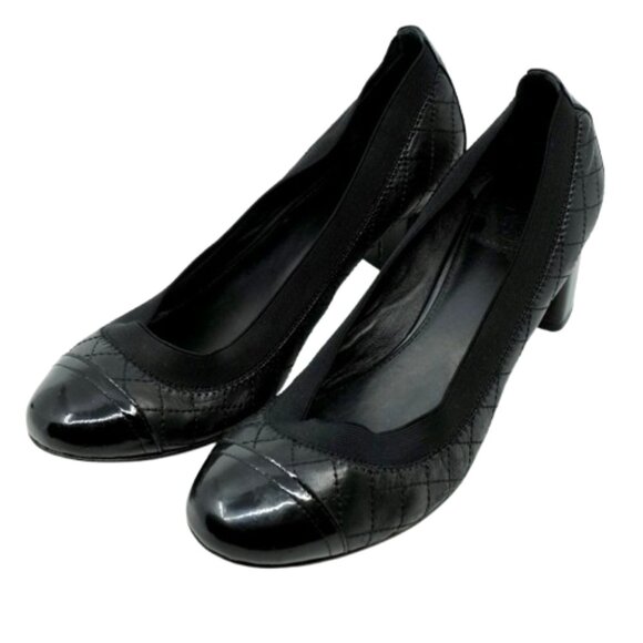 TORY BURCH~Carrie~QUILTED BLACK LEATHER CAP TOE PUMPS SHOES GOLD LOGO 8.5 - Picture 1 of 6